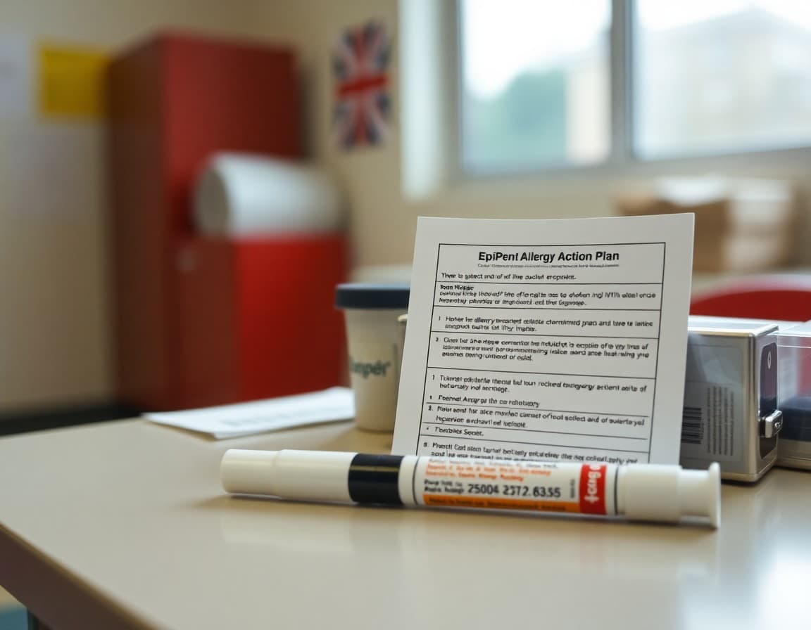 EpiPen auto-injector displayed next to a student allergy emergency action plan on nurse desk
