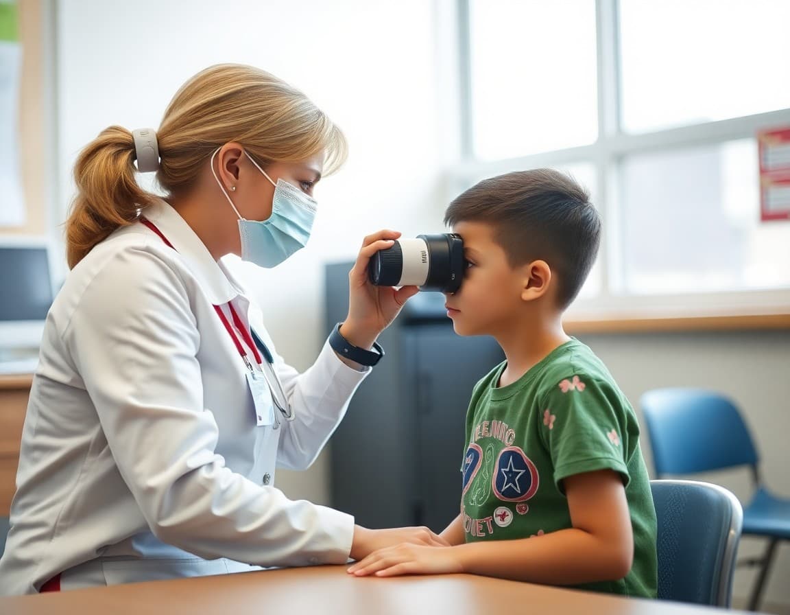 School nurse conducting vision screening test with an elementary student in the health office