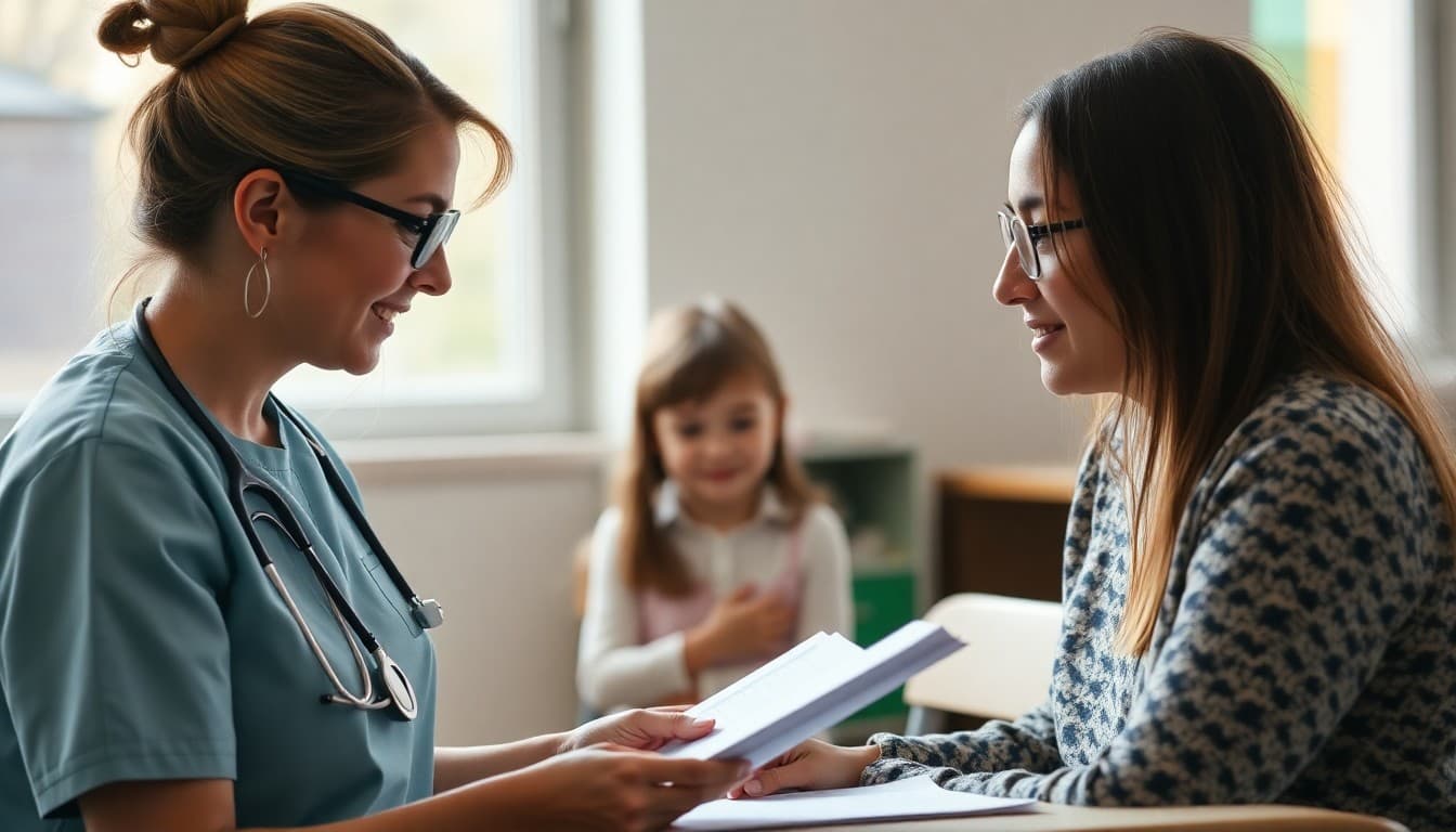 School nurse reviewing hearing and vision screening results with a parent during a school visit