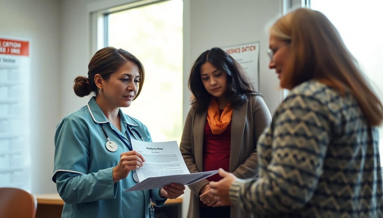 School nurse reviewing medication administration policy document with a parent at the nurse office