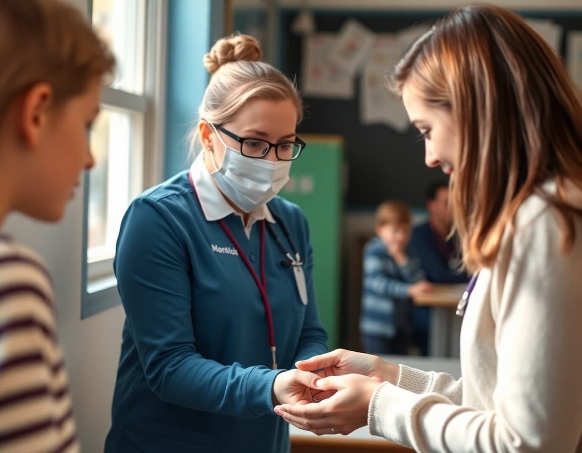 School nurse instructing student on proper hand washing to prevent spread of pink eye at school