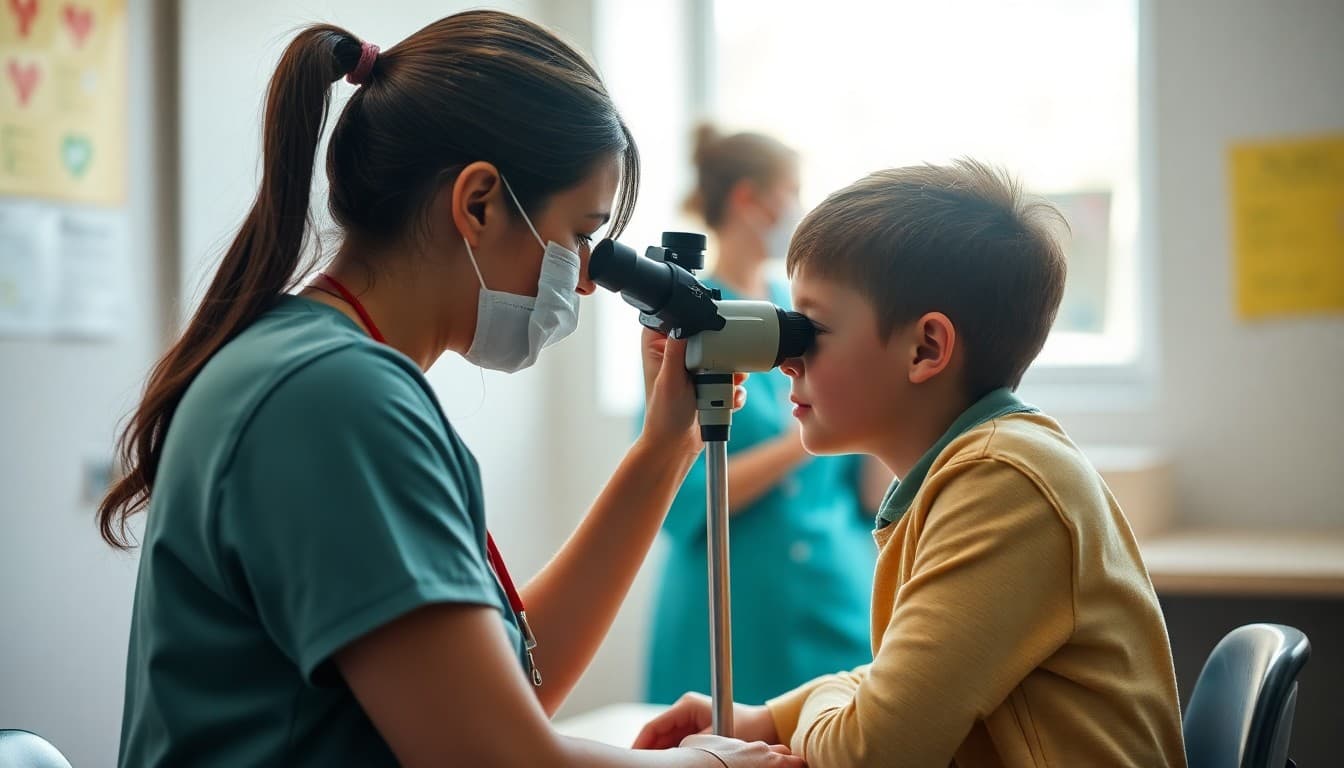School nurse examining a student's eye for pink eye symptoms in the school health office