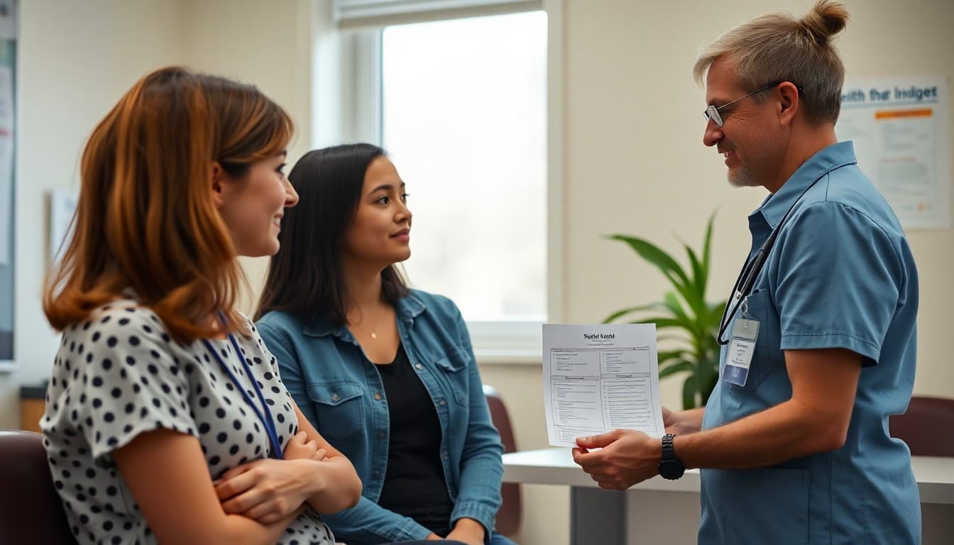 School nurse reviewing scoliosis screening results with a parent in a private health office meeting