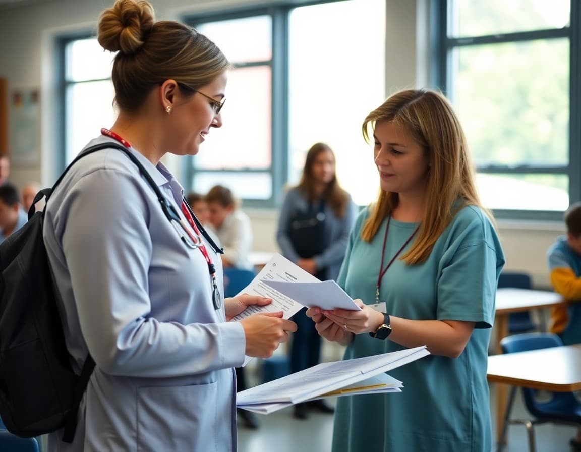 School nurse reviewing individualized seizure action plan with parent before the school year starts