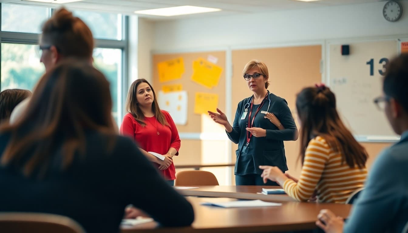School nurse training staff members on seizure response procedures in a school conference room