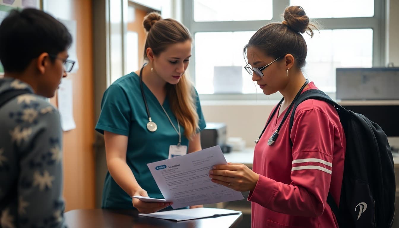 School nurse reviewing sports physical clearance paperwork for a student athlete in the health office