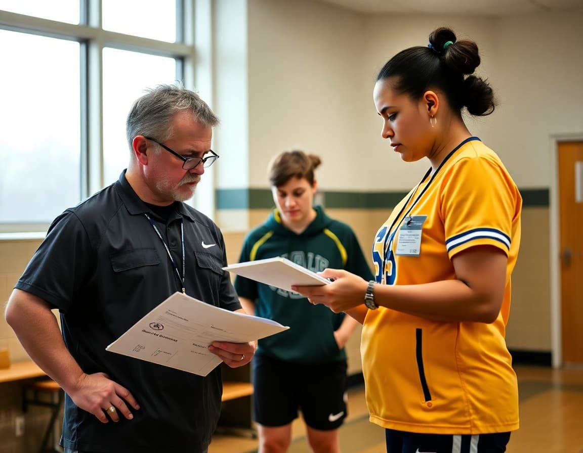 Athletic trainer and school nurse reviewing student athlete injury return protocols after a game