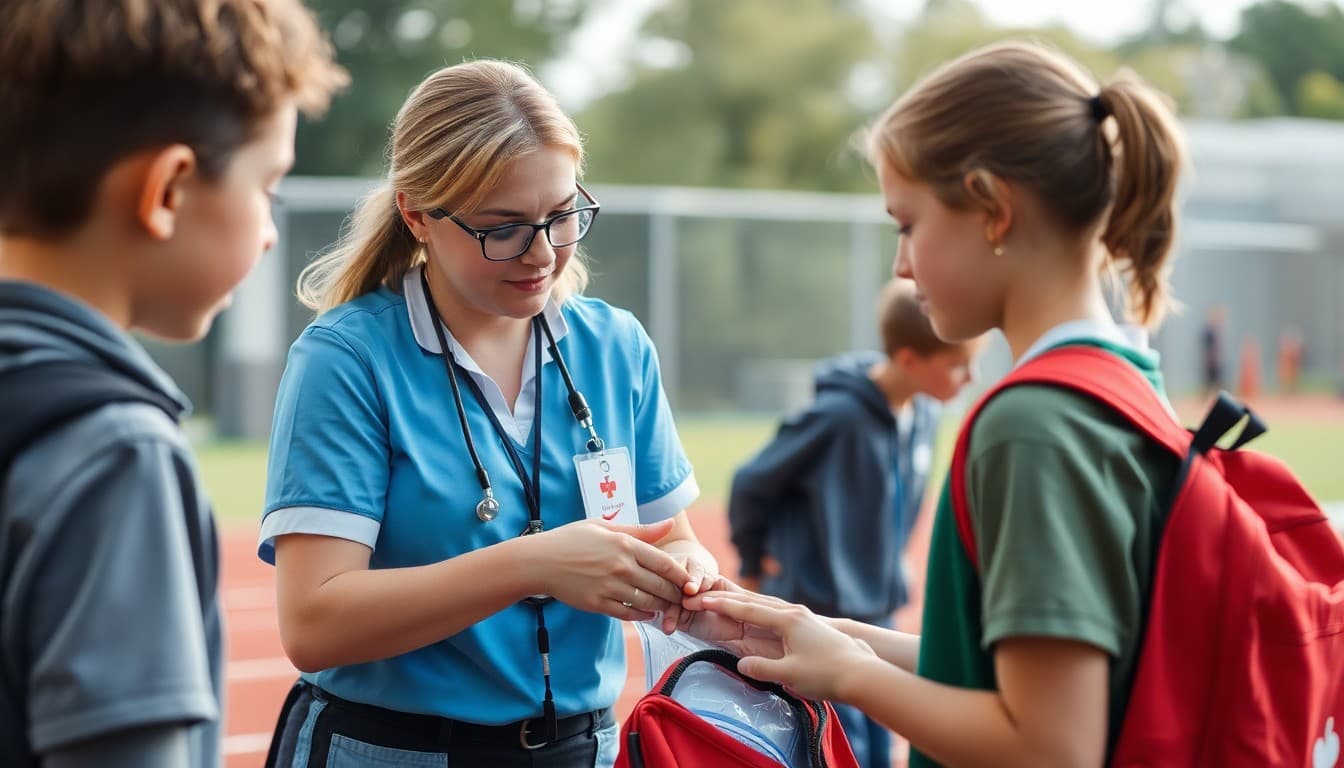 School nurse treating a student sports injury at an outdoor school athletic event with first aid kit