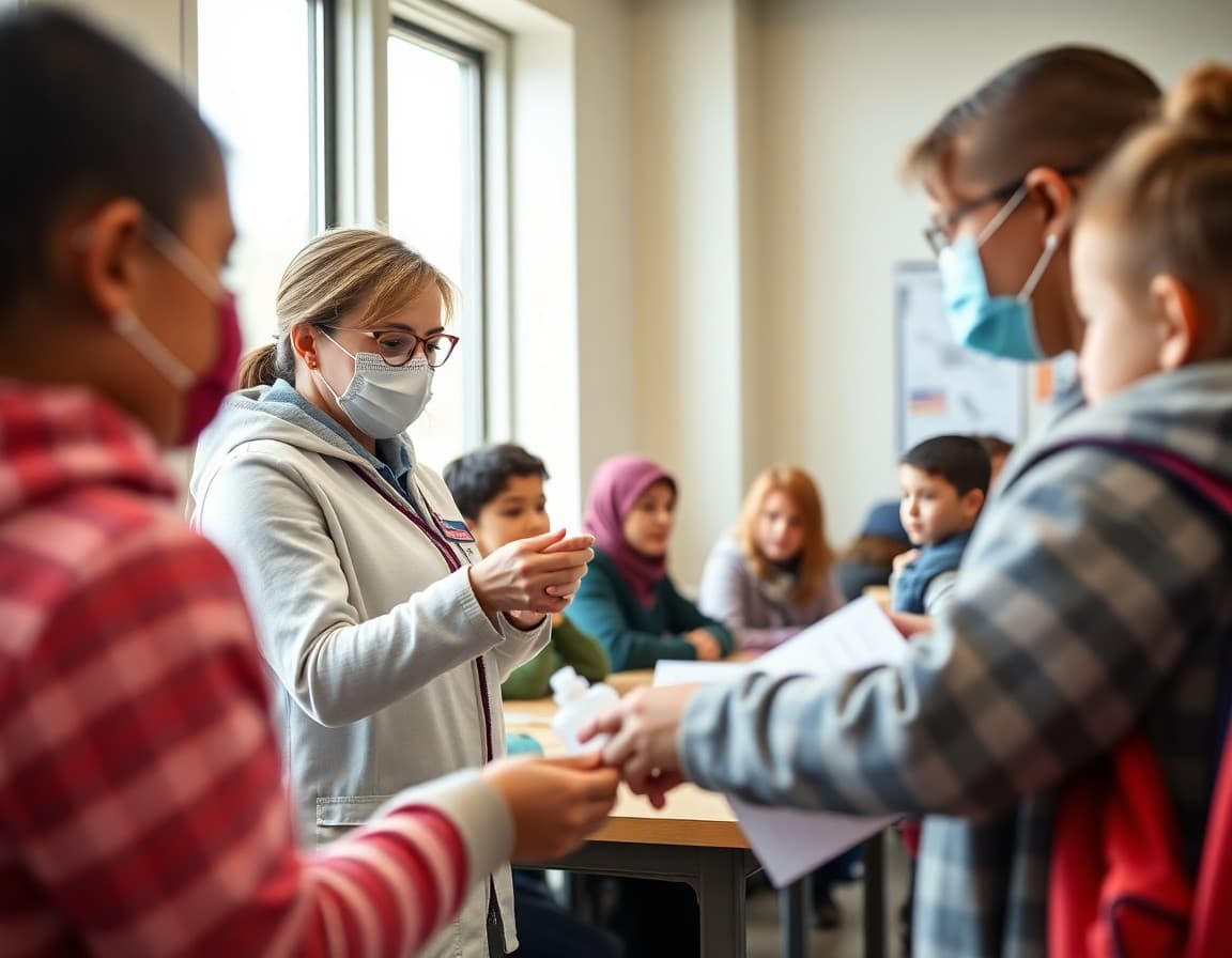 School nurse distributing hand sanitizer and wellness information to students during winter season