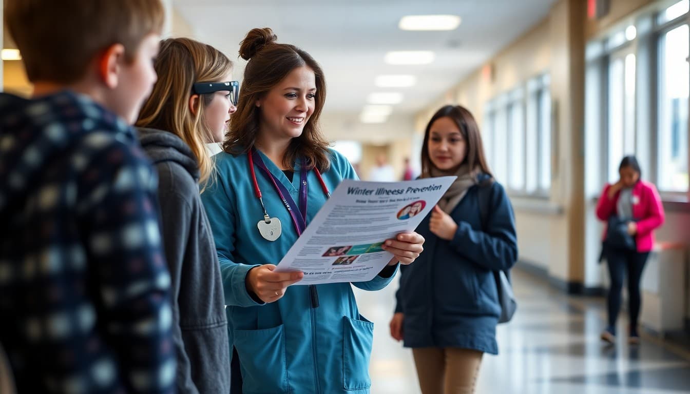 School nurse sharing winter illness prevention newsletter with students in school hallway