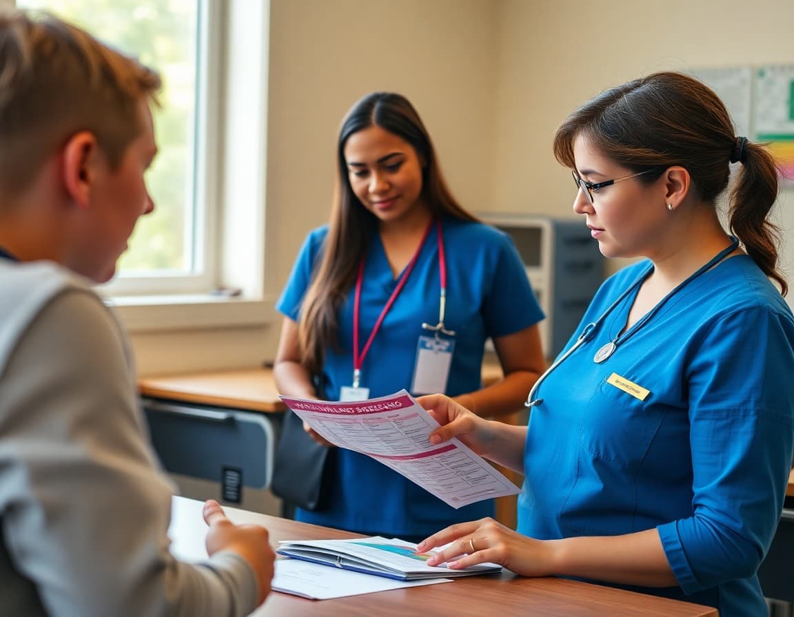 School nurse reviewing health screening schedule and September communication materials
