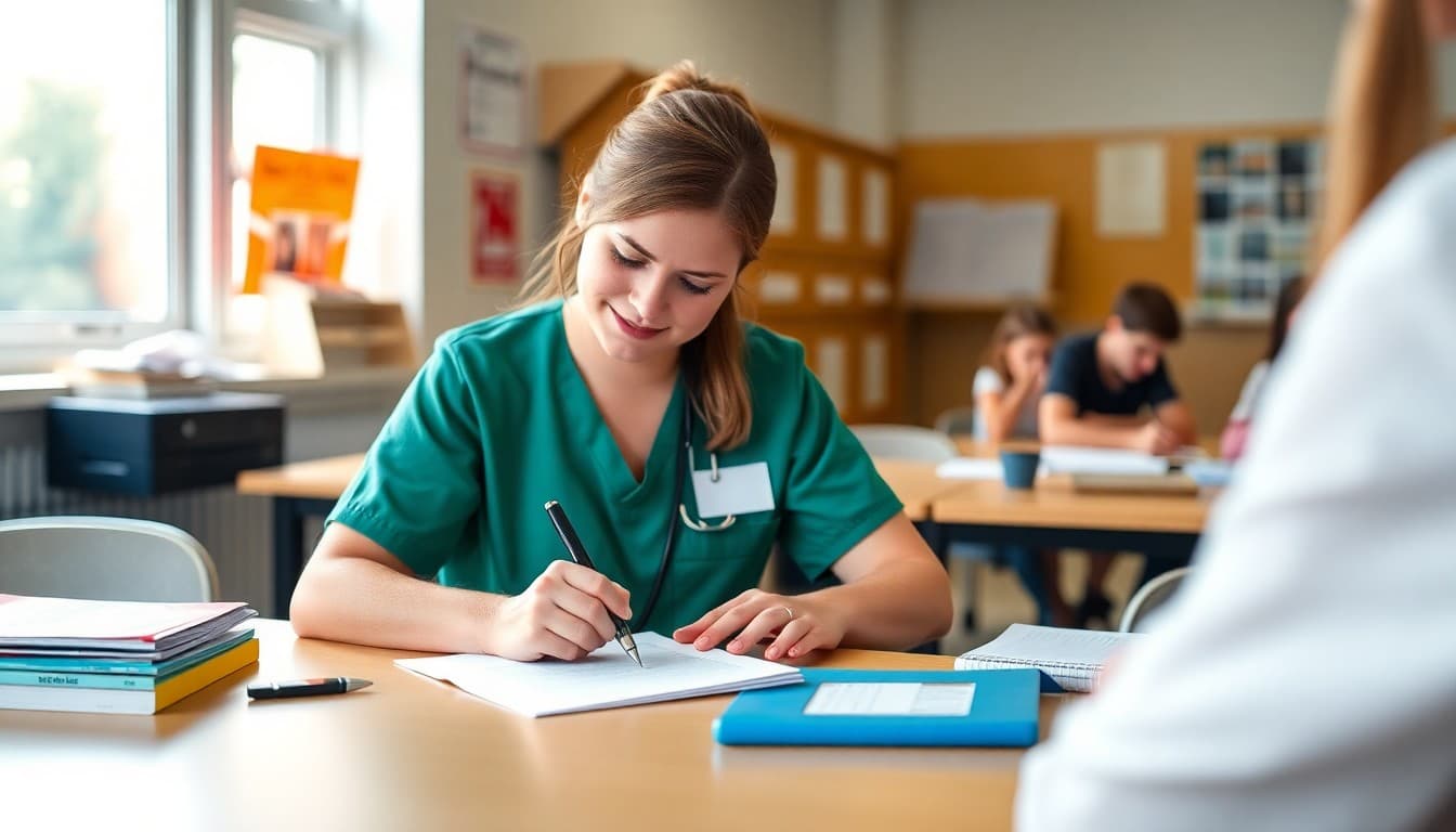 School nurse writing September newsletter at desk reviewing first month health screening data