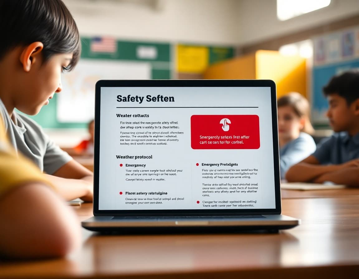 School safety newsletter template showing emergency contacts and weather protocol sections on a laptop screen