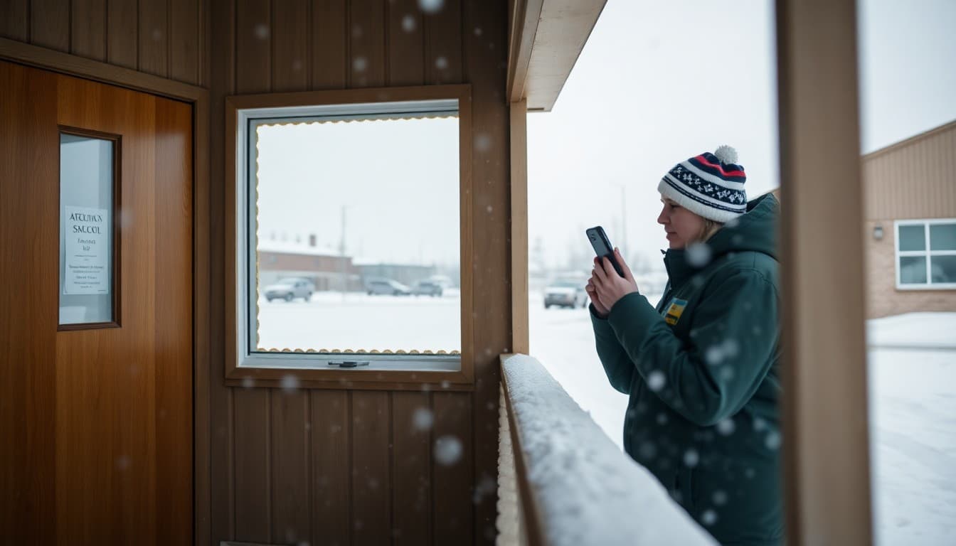 Alaska school safety coordinator sending emergency communication from a rural school building surrounded by snow