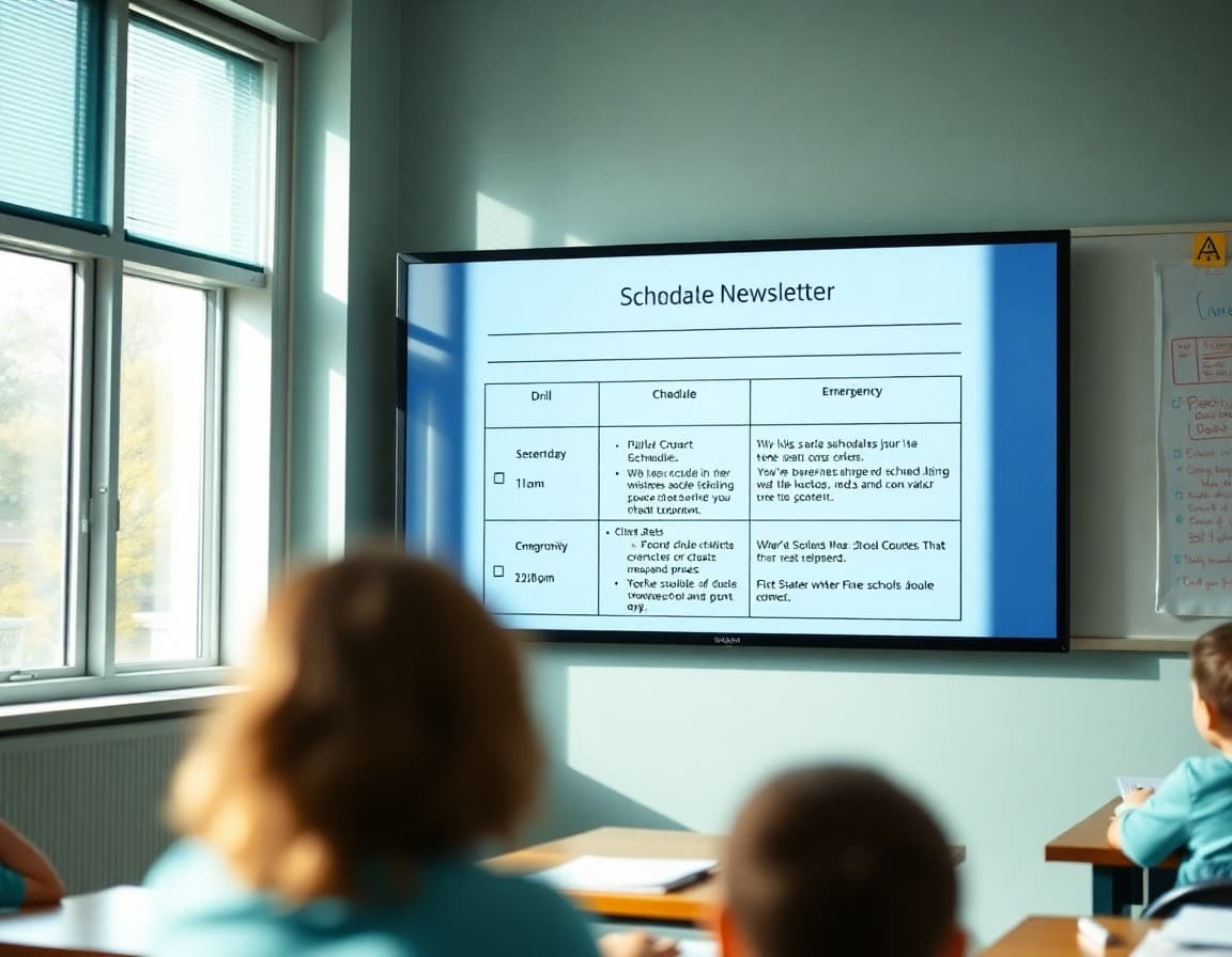 School safety newsletter template showing drill schedule and emergency contact information on a screen