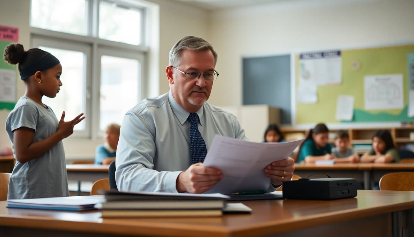 Alabama school principal reviewing safety communication plans at a desk with families in the background