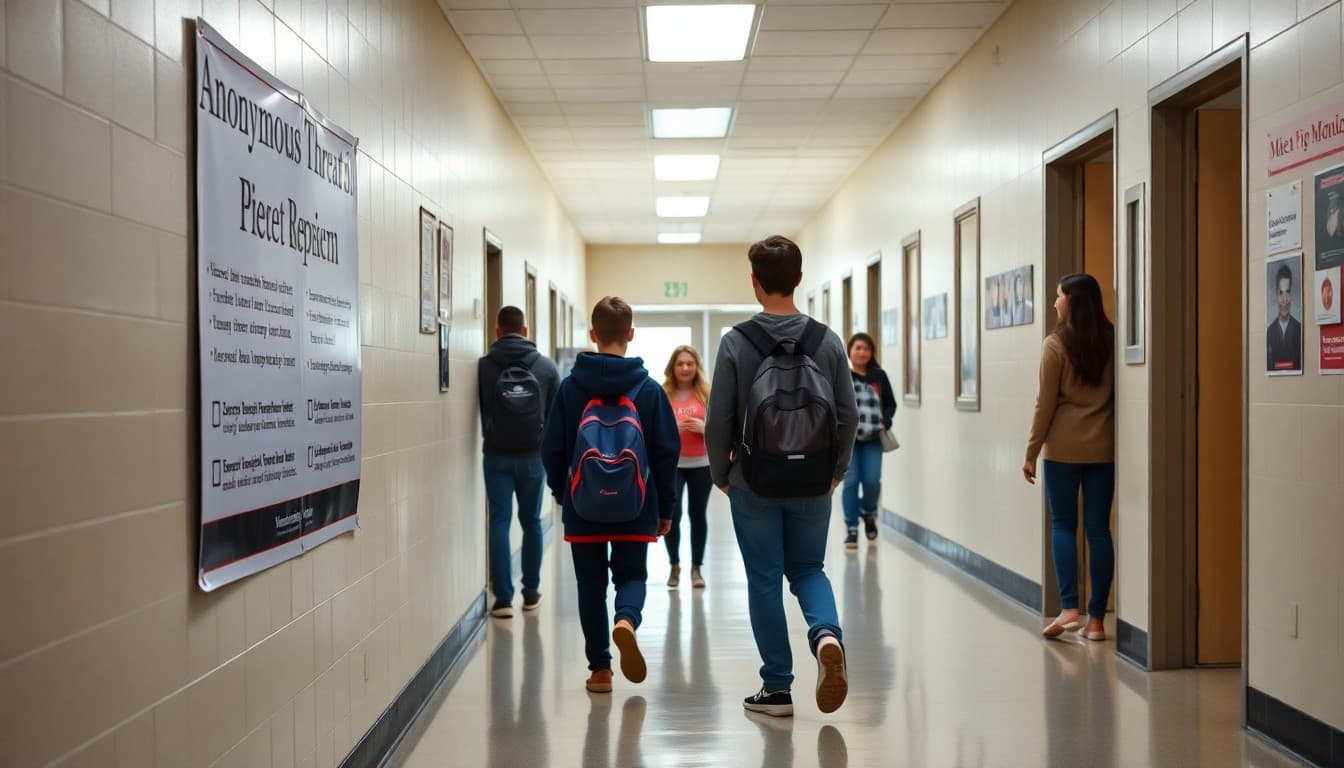 School promoting anonymous threat reporting system to students via hallway poster display