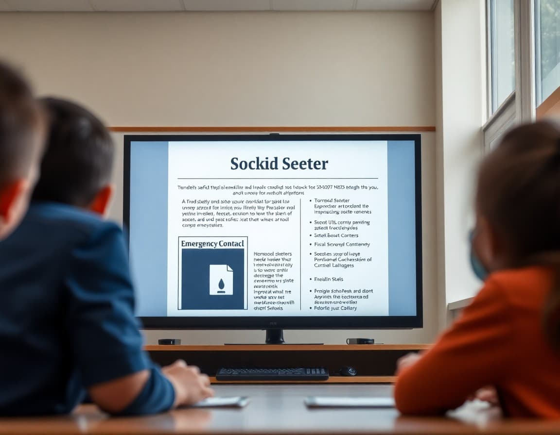 School safety newsletter template on a screen showing tornado shelter locations and emergency contact sections