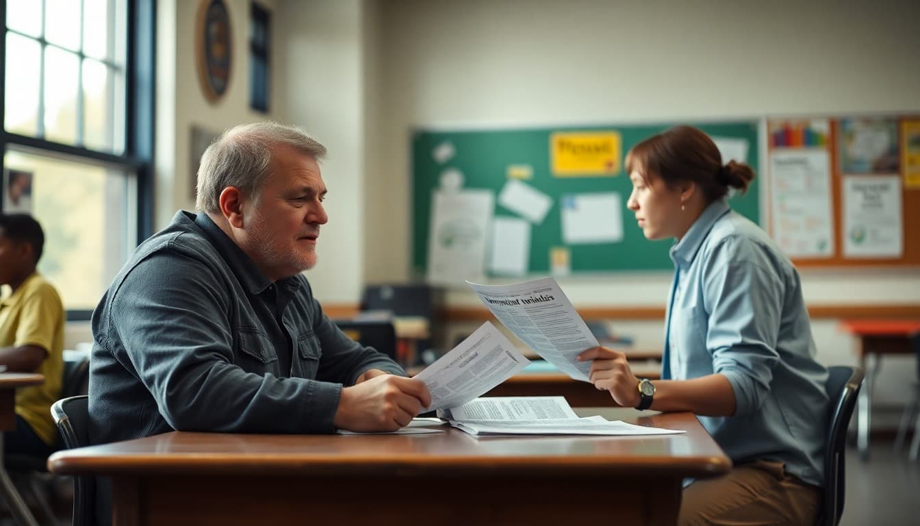 Arkansas school safety coordinator reviewing tornado drill procedures and newsletter content at a school desk