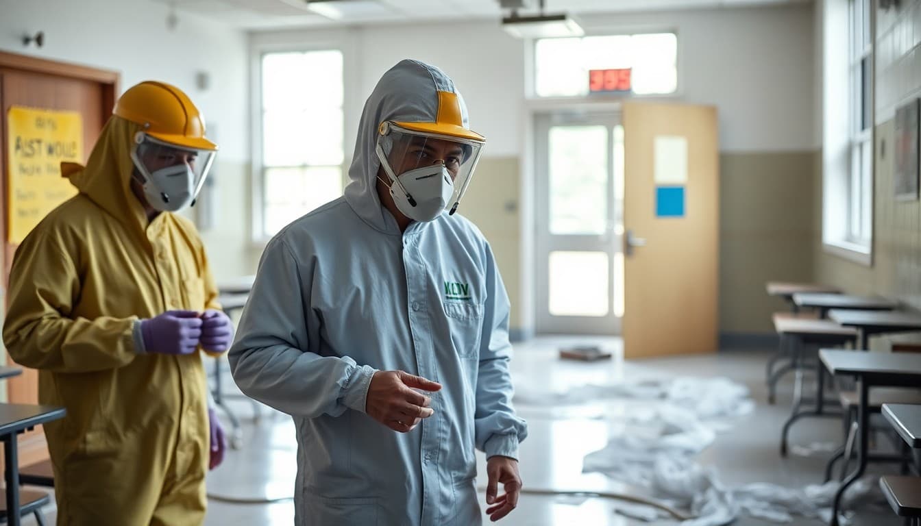 Certified asbestos abatement workers in protective gear preparing a school area for remediation
