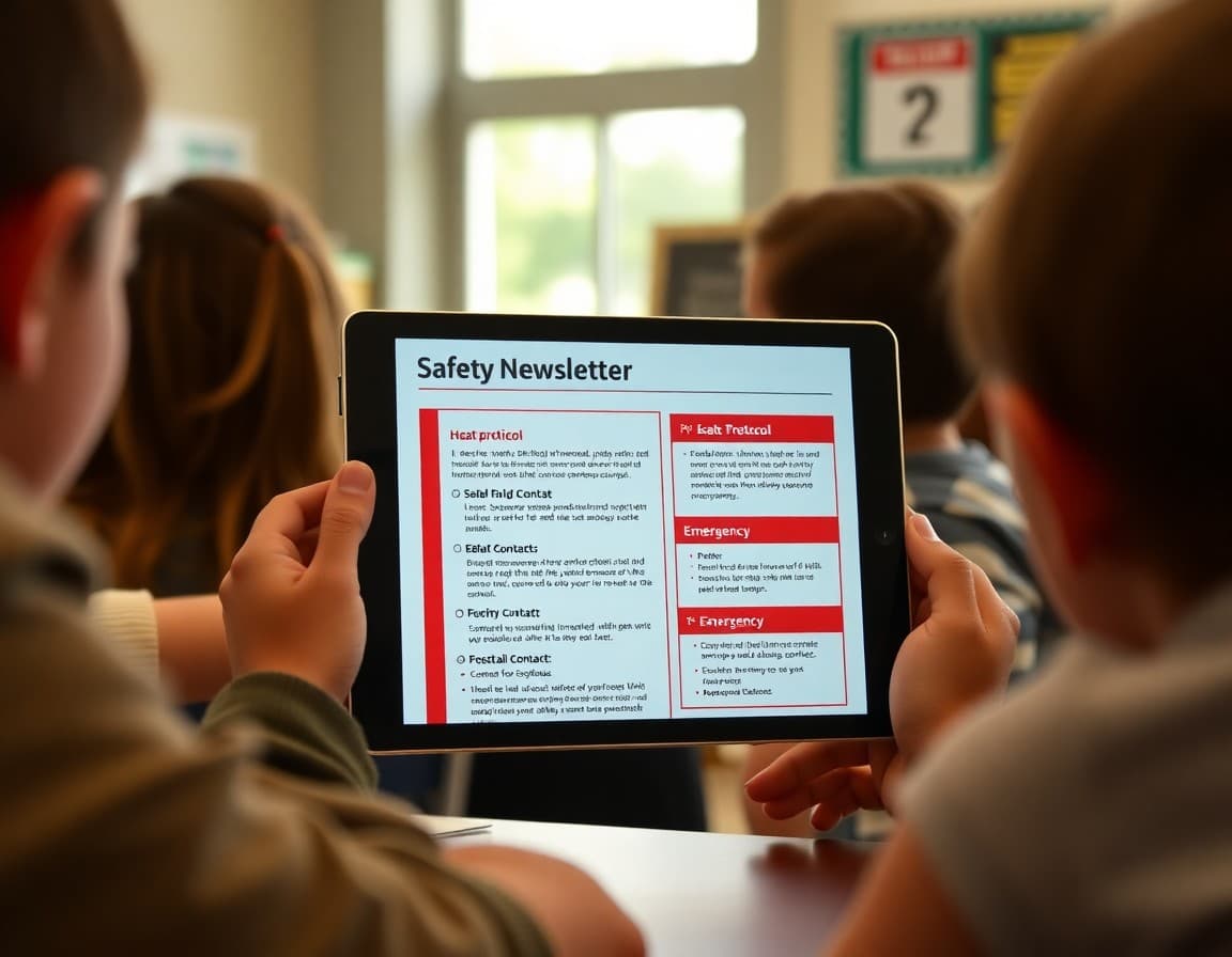 School safety newsletter template showing heat protocol and emergency contact sections on a tablet screen