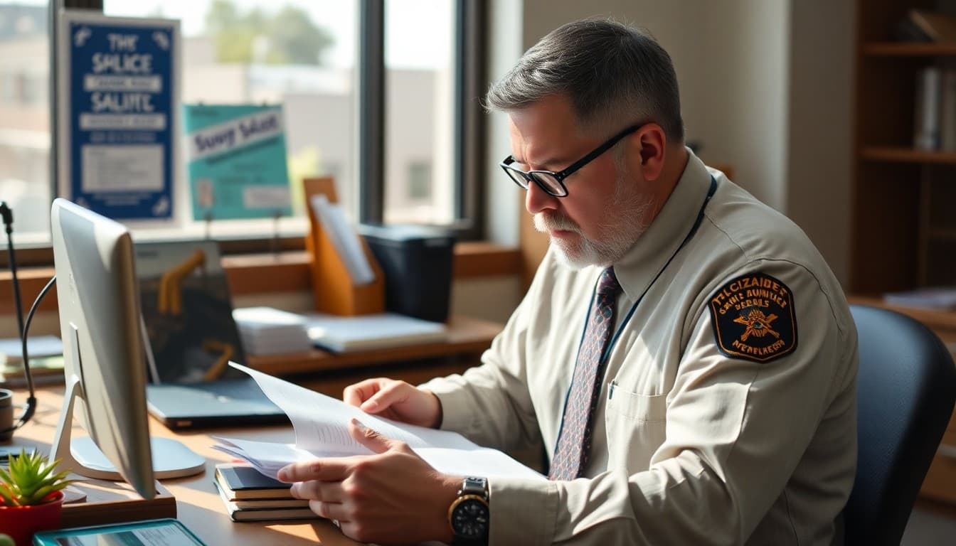 Arizona school principal reviewing summer safety communication documents at a school office desk