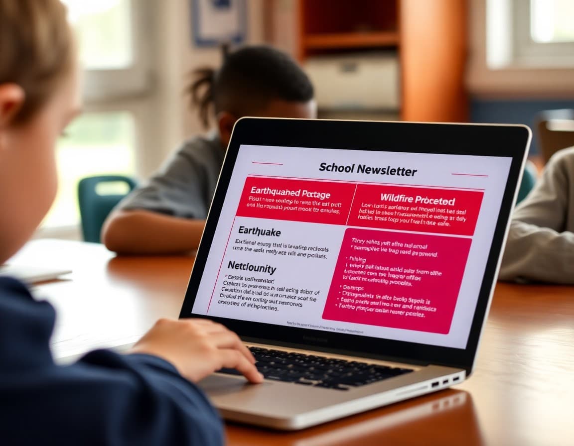 School safety newsletter template on a laptop showing earthquake and wildfire evacuation protocols