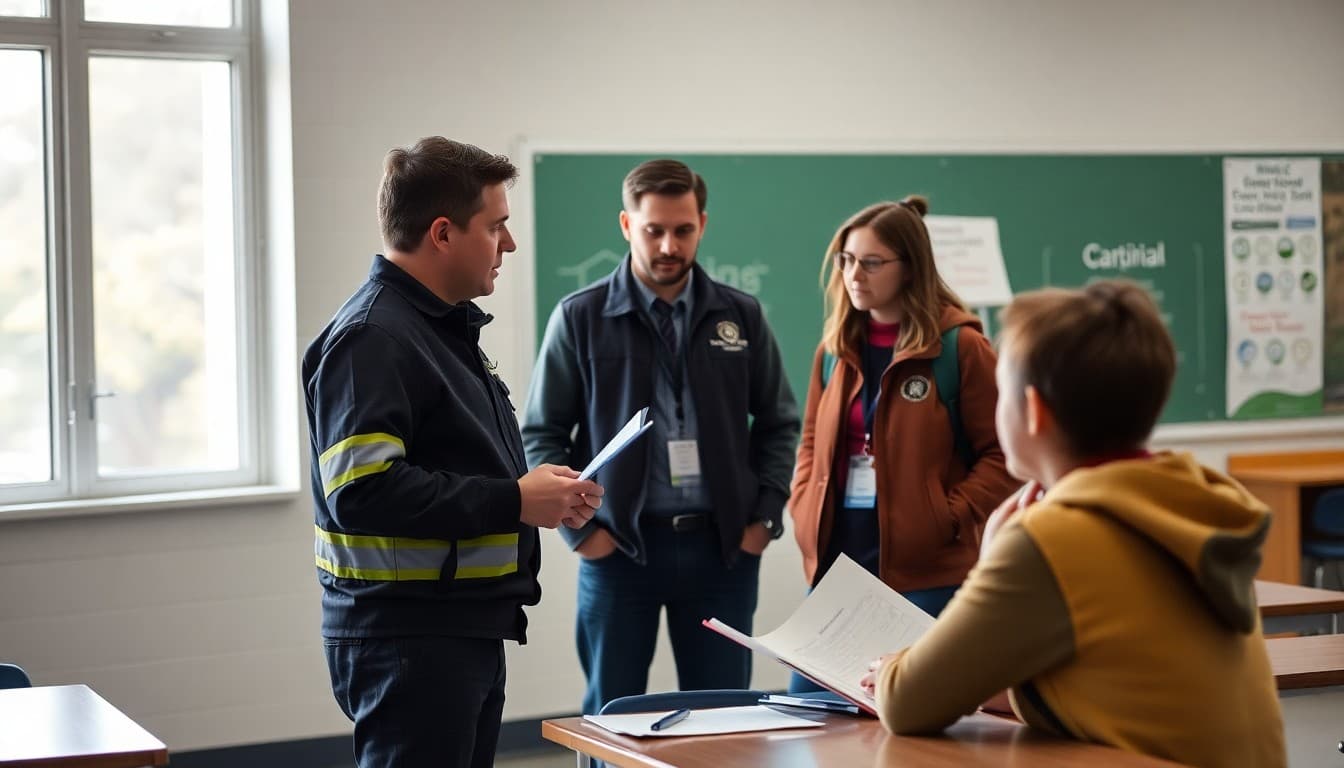 California school safety coordinator reviewing earthquake drill procedures and communication plans at school