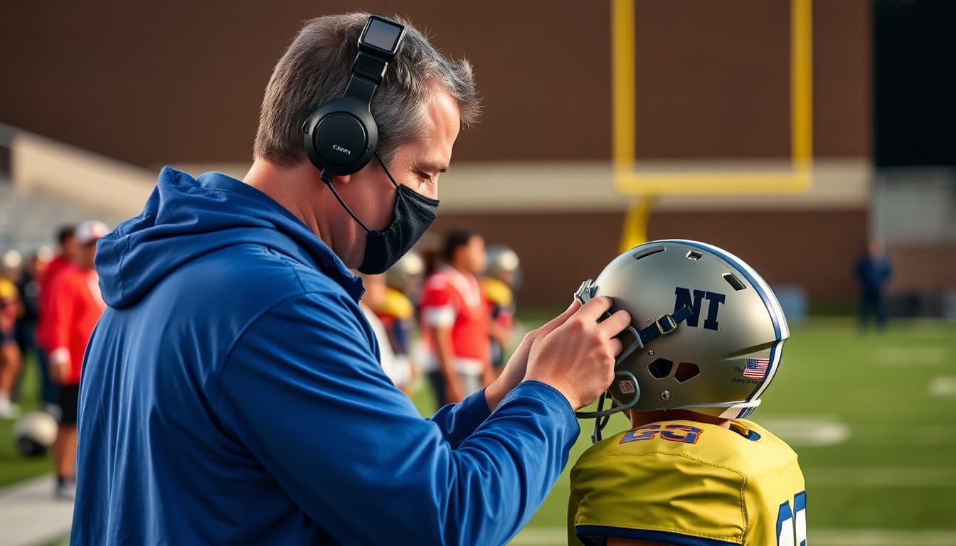 Athletic trainer checking a student athlete on the sideline after a potential head injury