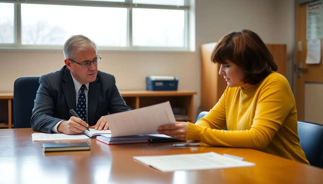 Connecticut school principal and safety coordinator reviewing emergency communication plans at a school conference table