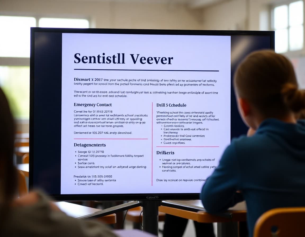 School safety newsletter template on a screen showing Delaware emergency contact and drill schedule sections