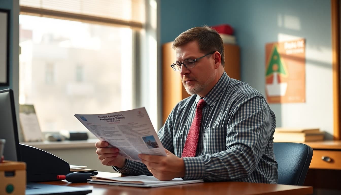 Delaware school principal reviewing coastal emergency protocols and safety newsletter at a school office desk