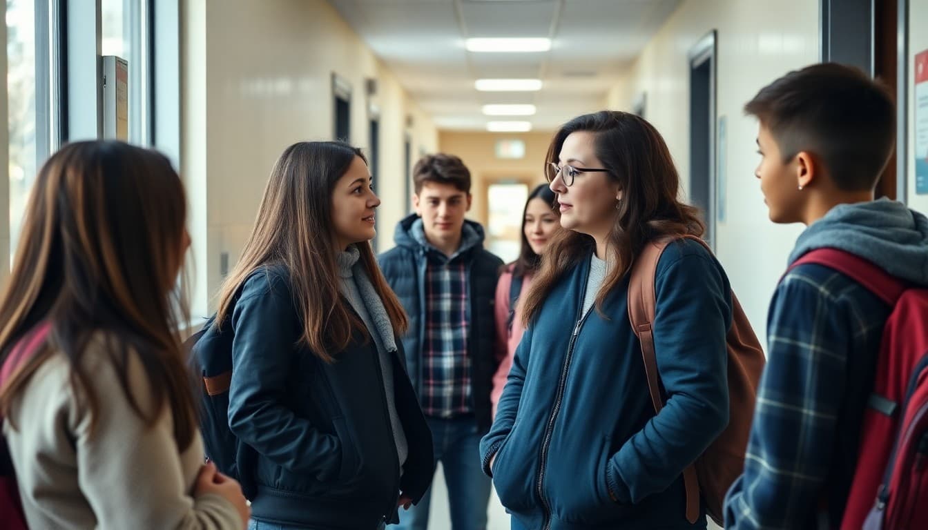 School counselor speaking with students in a hallway on a February morning