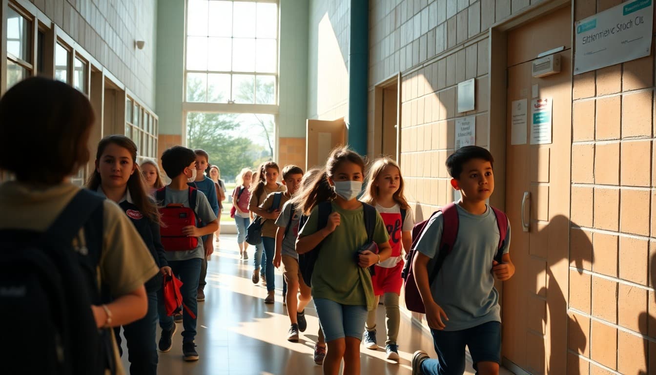 Students evacuating school building in orderly lines during fire drill practice on sunny day