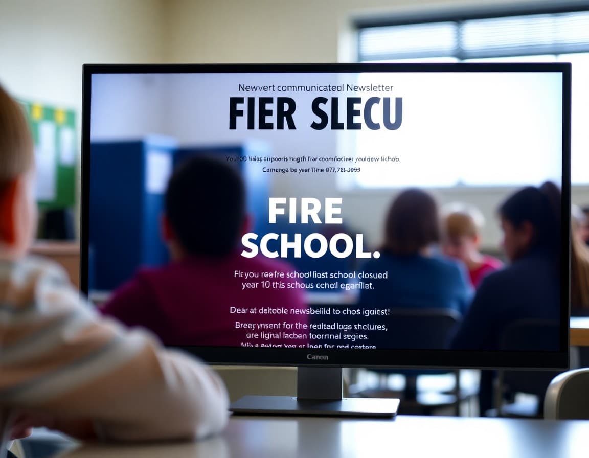 Fire-related school closure newsletter template on a district communications screen