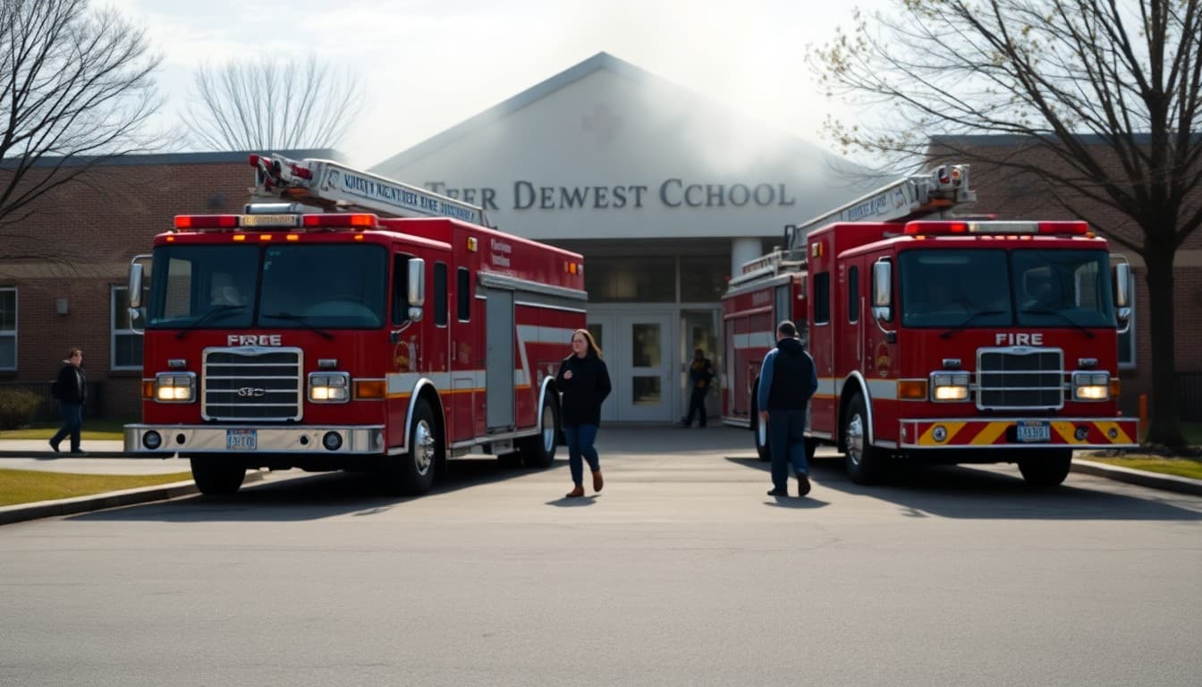 Fire trucks outside a school building with smoke visible in the background