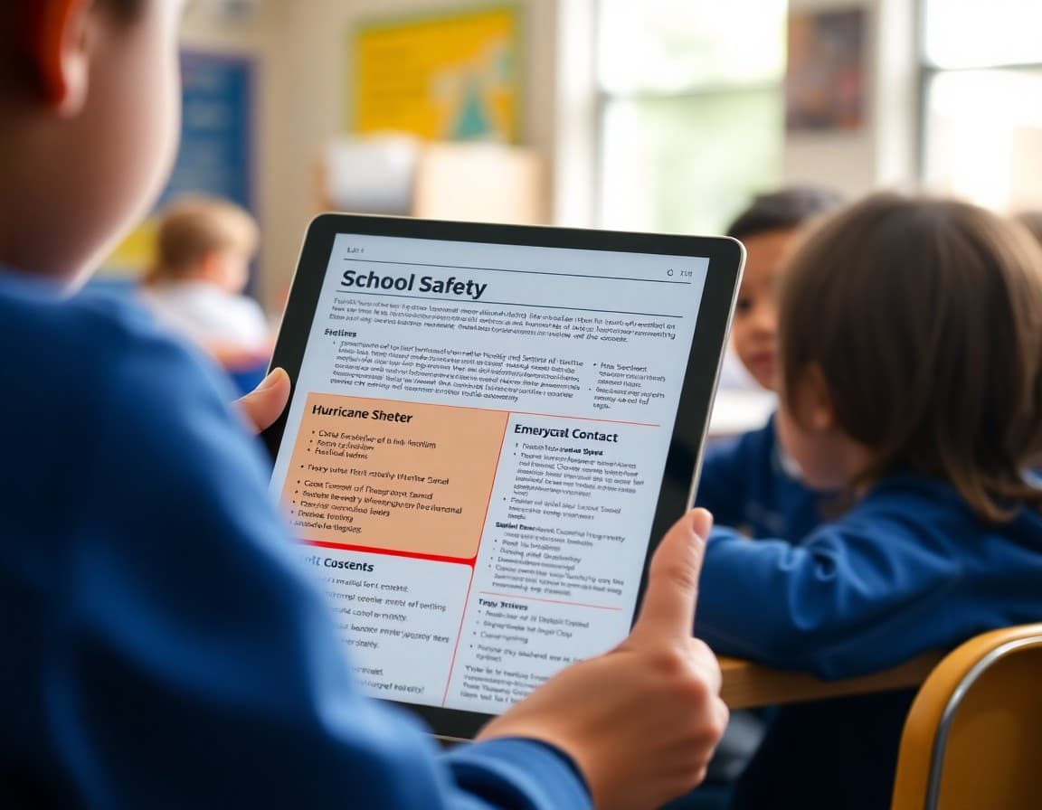 School safety newsletter on a tablet showing Florida hurricane shelter procedures and emergency contact sections