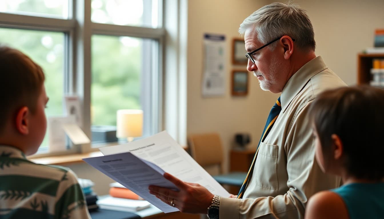 Florida school principal reviewing hurricane preparedness and safety communication documents at a school office