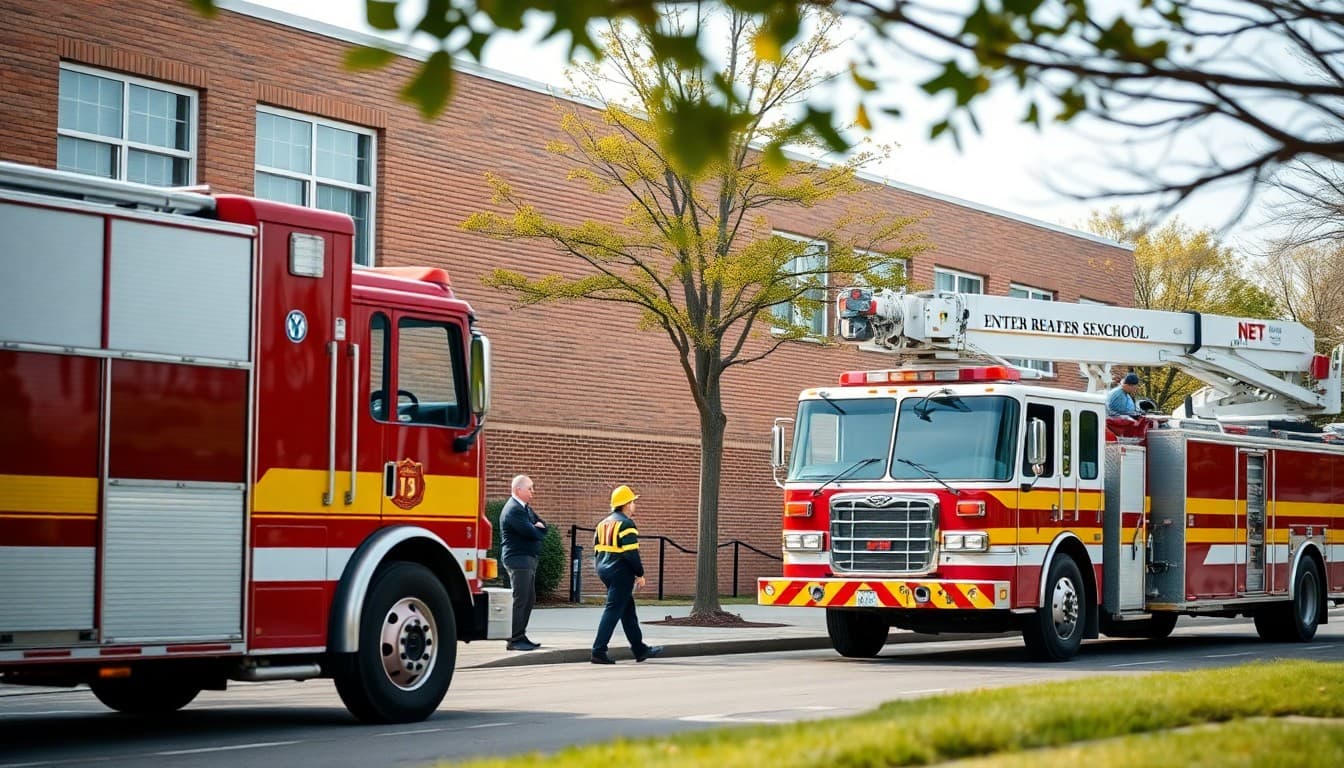 Fire department and utility trucks parked outside a school during a gas leak evacuation