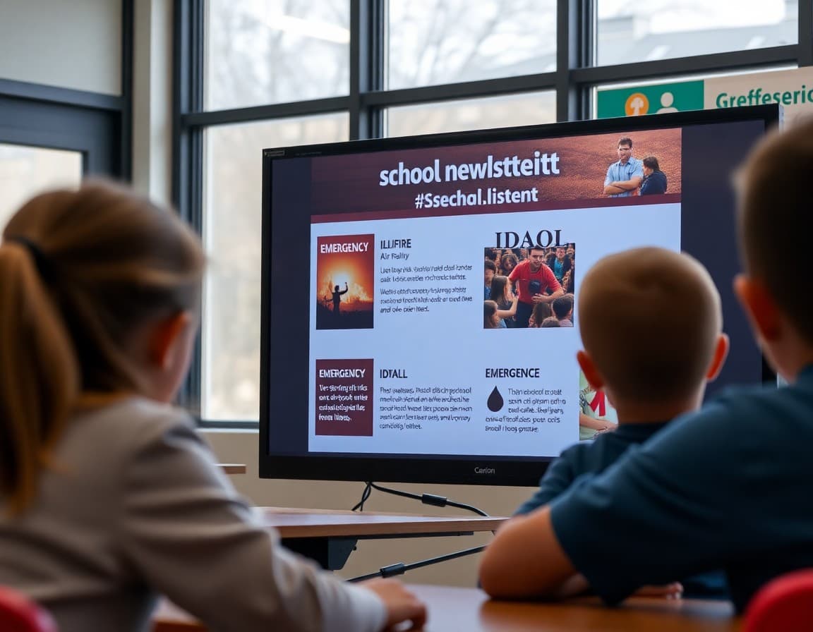 School safety newsletter template on a screen showing Idaho wildfire air quality and emergency drill sections