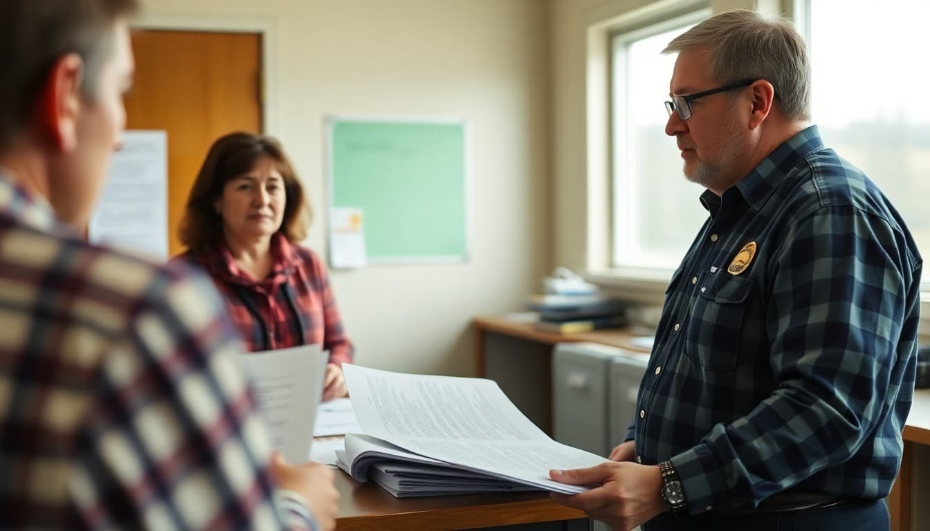 Idaho school principal reviewing wildfire evacuation and safety communication plans at a rural school office