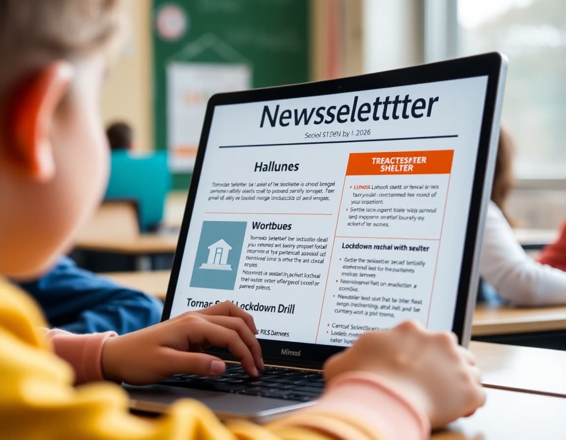School safety newsletter template on a computer showing Illinois tornado shelter and lockdown drill sections