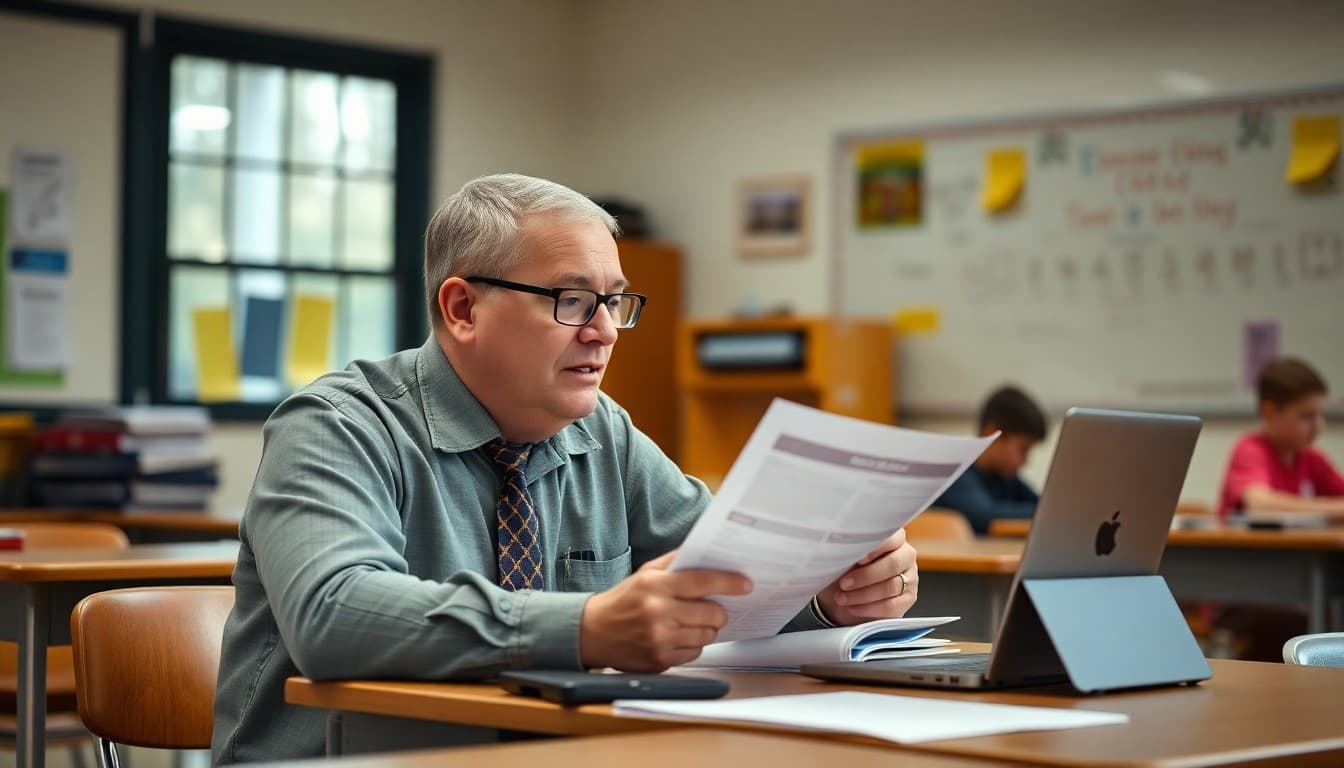 Illinois school principal reviewing tornado drill procedures and safety newsletter communication at a school desk