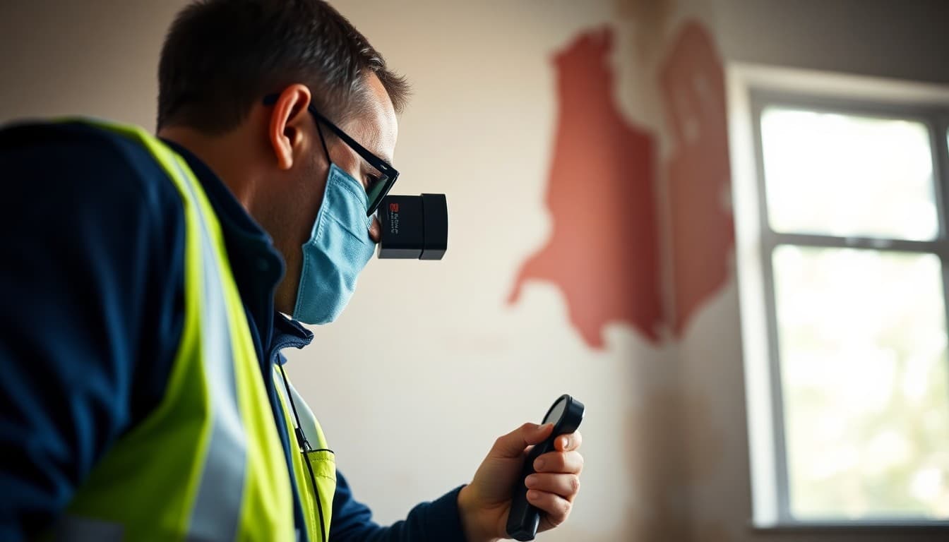 Inspector testing paint on a school wall using lead detection equipment