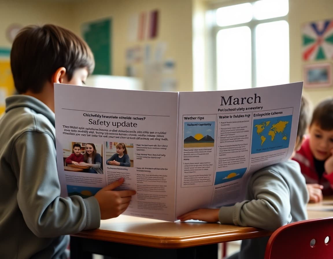 March safety update school newsletter shown with field trip and weather sections