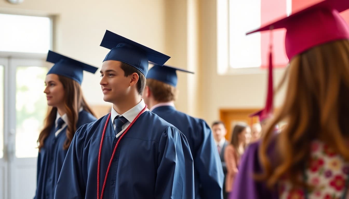 Graduating seniors walking across a stage at a school commencement ceremony in May