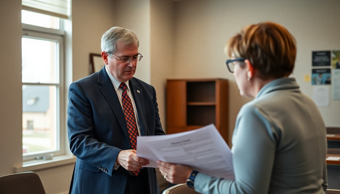 Maryland school principal and safety coordinator reviewing emergency communication plans at a suburban school conference room