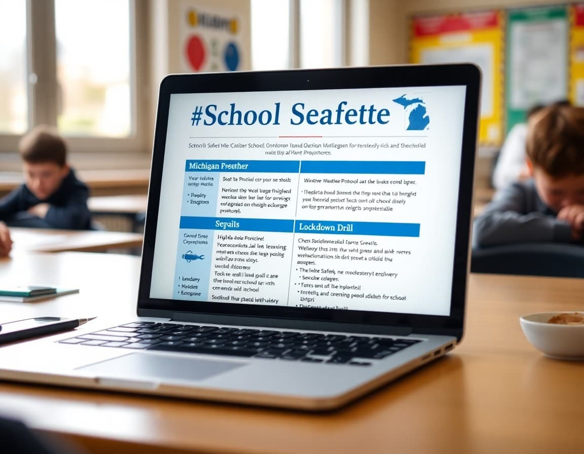 School safety newsletter template on a laptop showing Michigan winter weather protocols and lockdown drill sections