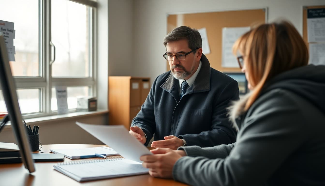 Michigan school principal reviewing winter emergency and safety communication plans at a school office in winter