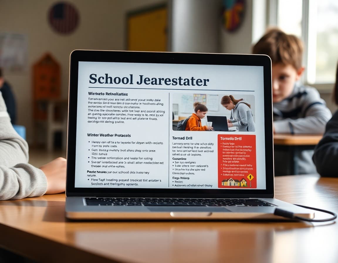 School safety newsletter template on a laptop showing Minnesota winter weather protocols and tornado drill sections